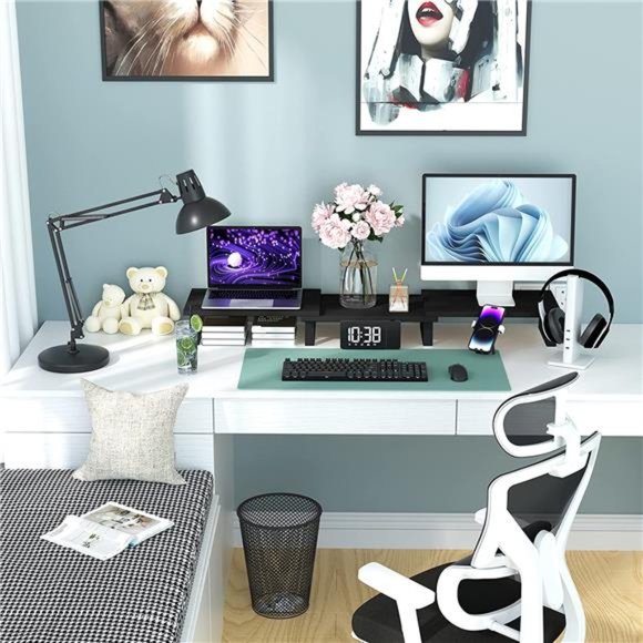 Desk Dual Monitor Stand Riser - Computer Stand, Wood Monitor Stand (Black) - Picture 4 of 6